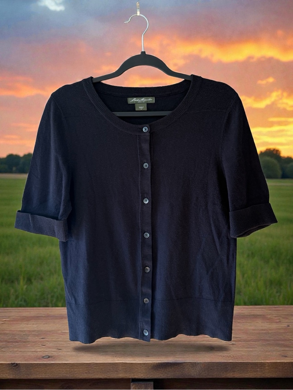 Eddie Bauer Black Short-Sleeve Button Front Knit Cardigan